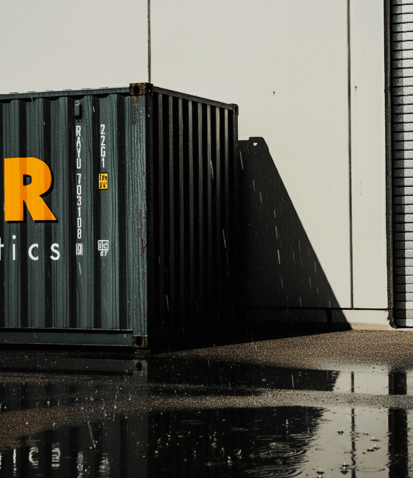 watertight shipping container sitting through the rain on a concreate ground