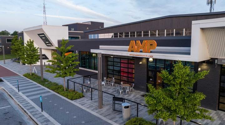 The AMP at 16 Tech is innovation hub constructed with shipping containers