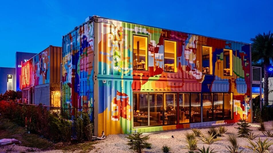 Kao Bar and Grill constructed from colorful, repurposed shipping containers