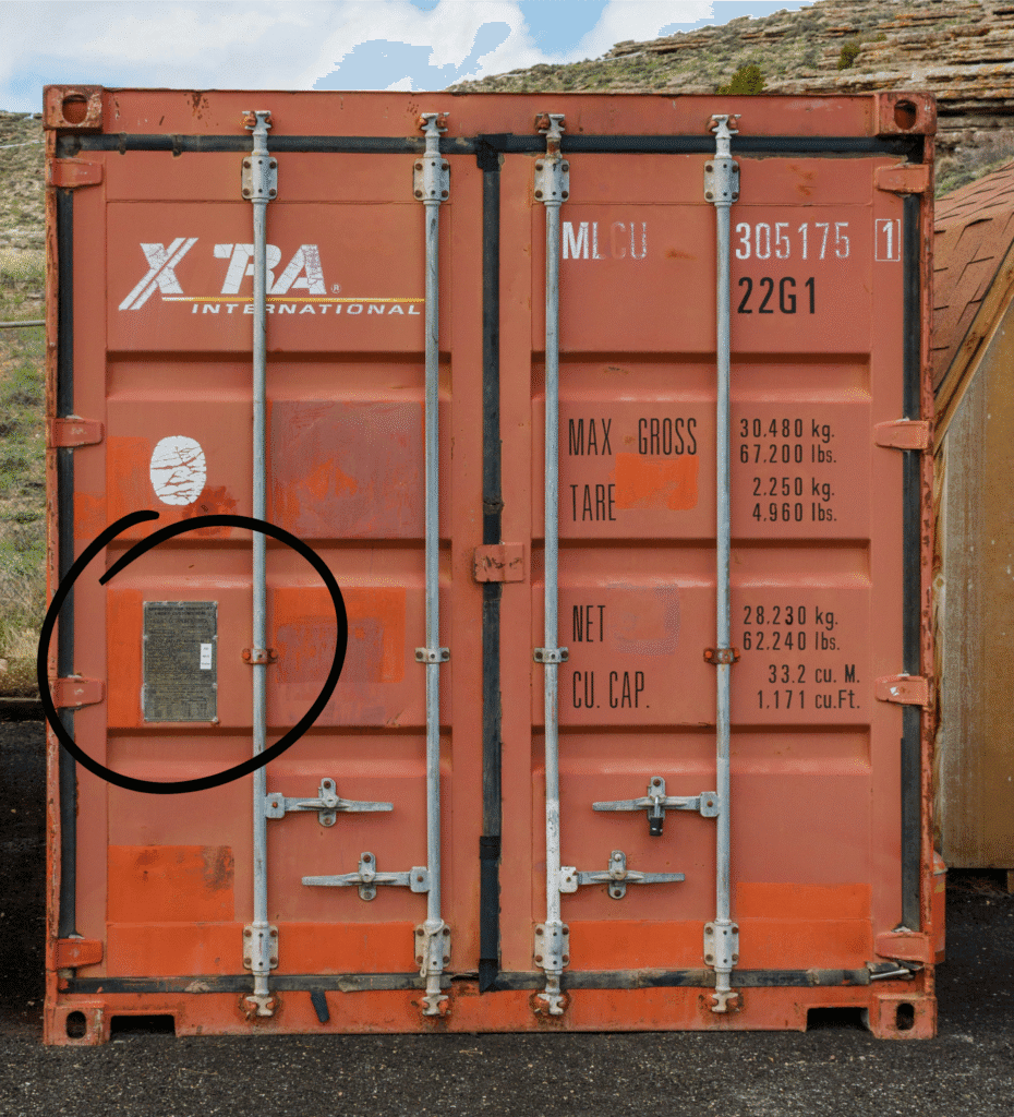 circled are the CSC plate, a metal certification proving it meets international safety standards for structural integrity and transport.